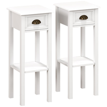 Set of two white side tables with drawers, lower shelves, and bronze-tone cup pulls