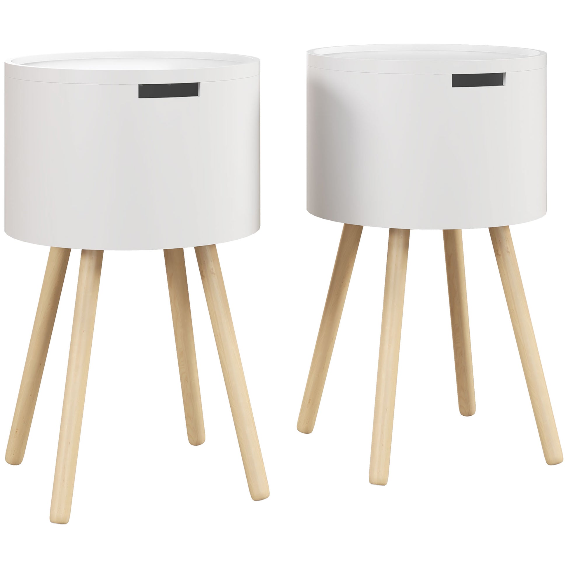 Photo of HOMCOM Modern Side Table with Hidden Storage Space, Round Night Stand with Removable Tray Wood Frame End Coffee Table for Living Room, Set of 2, White in White colour on a white background