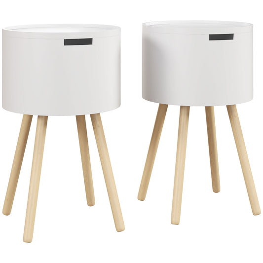 Photo of HOMCOM Modern Side Table with Hidden Storage Space, Round Night Stand with Removable Tray Wood Frame End Coffee Table for Living Room, Set of 2, White in White colour on a white background