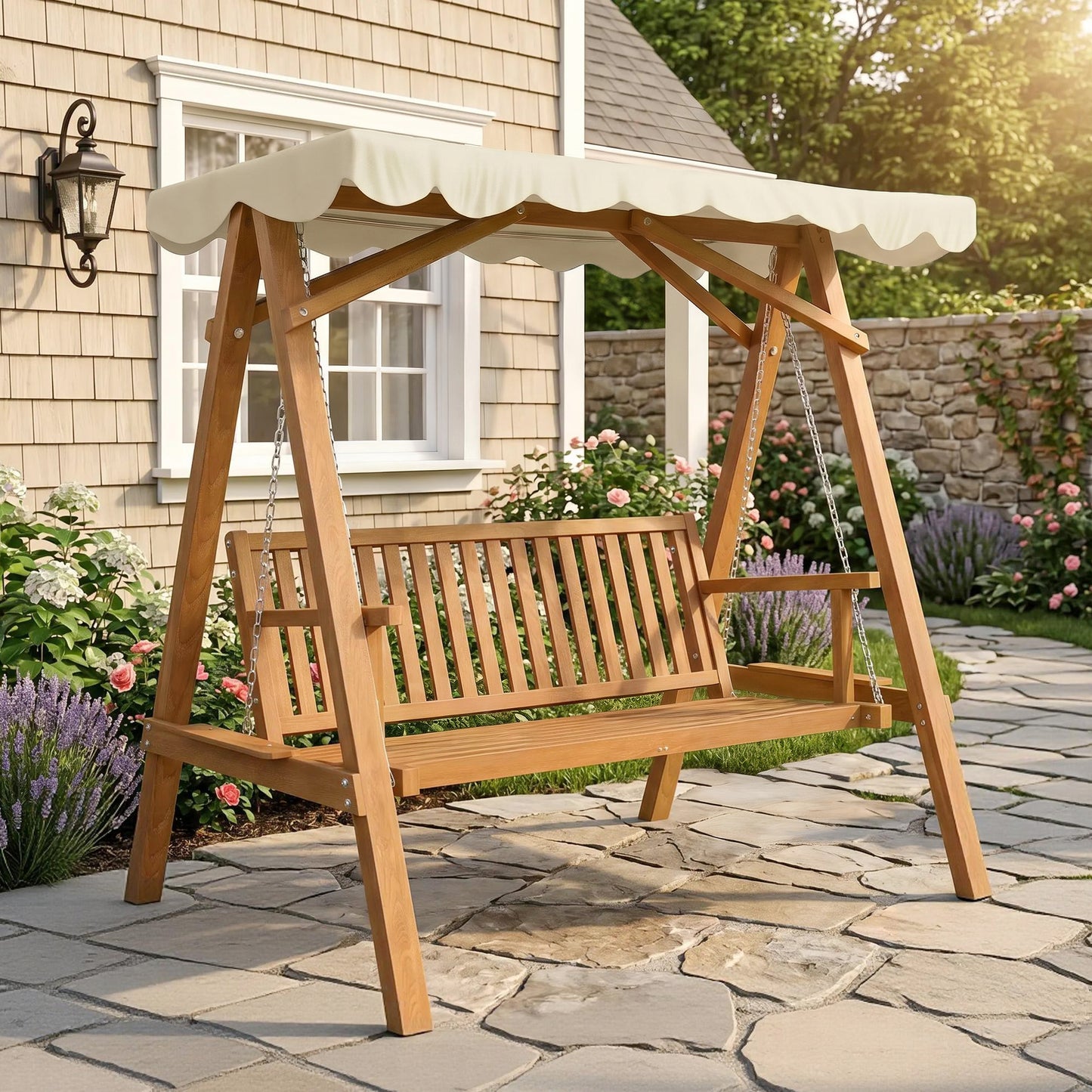 Outsunny 3 Seater Garden Swing Seat with Canopy, Wooden Swing Chair, Outdoor Hammock Bench for Balcony Patio Porch, Cream White