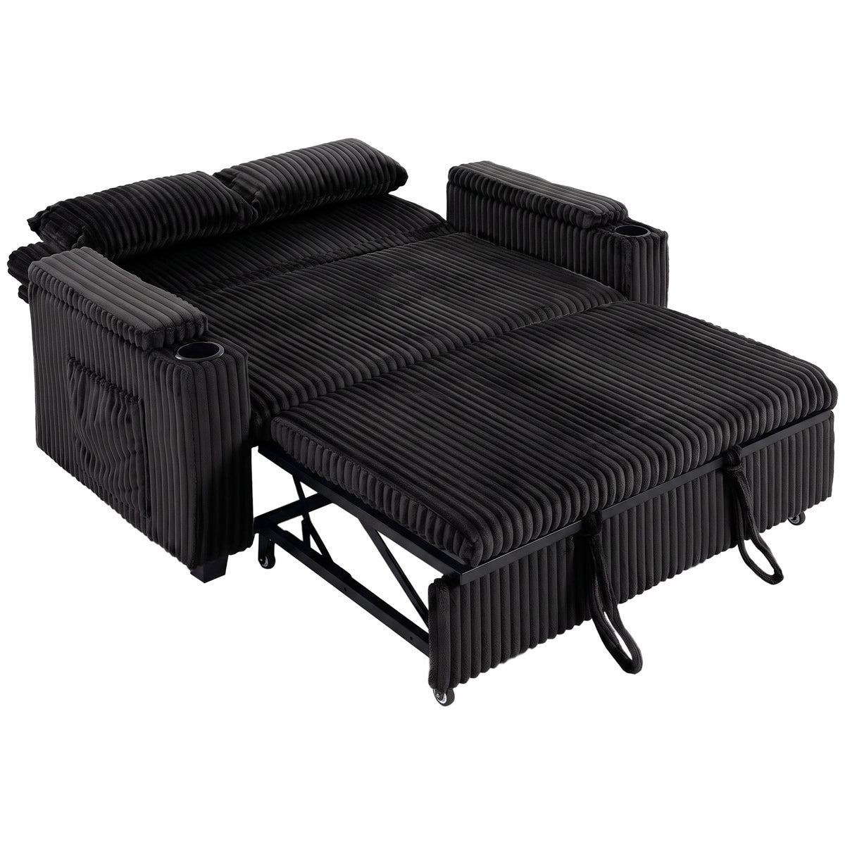 Photo of HOMCOM 2 Seater Sofa Bed, Pull Out Sleeper Sofa w/ Adjustable Backrest, Storage Armrests, Cup Holders, Side Pockets, Black in Black colour on a white background