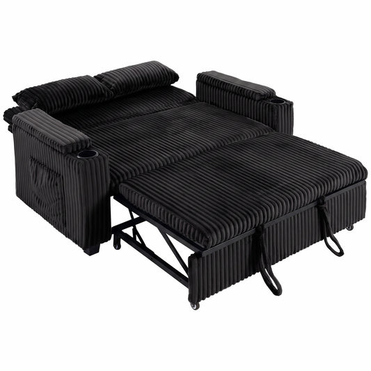 Photo of HOMCOM 2 Seater Sofa Bed, Pull Out Sleeper Sofa w/ Adjustable Backrest, Storage Armrests, Cup Holders, Side Pockets, Black in Black colour on a white background