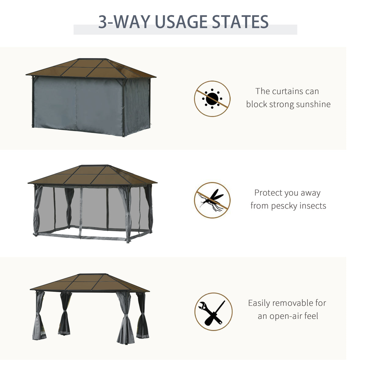 Outsunny gazebo shown with curtains closed, mesh panels, and curtains open