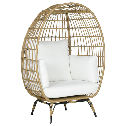 Outsunny khaki rattan egg chair with white seat, back, and side cushions
