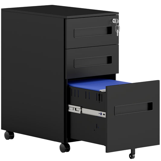 Photo of Vinsetto Three-Drawer Steel Filing Cabinet - Black in Black colour on a white background