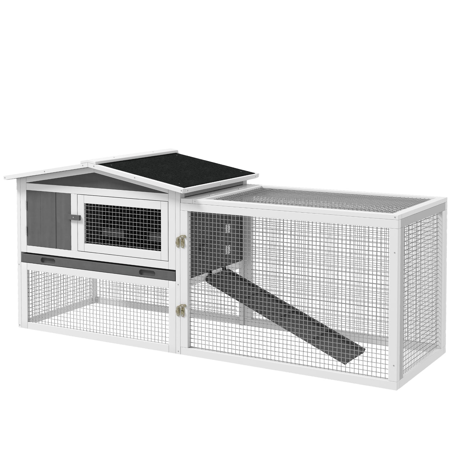 Photo of PawHut Rabbit Hutch with Run Wooden Guinea Pig Hutch Outdoor Bunny Cage Hide House with Sliding Tray, Hay Rack, Ramp, 156 x 58 x 68cm, Grey in Grey colour on a white background