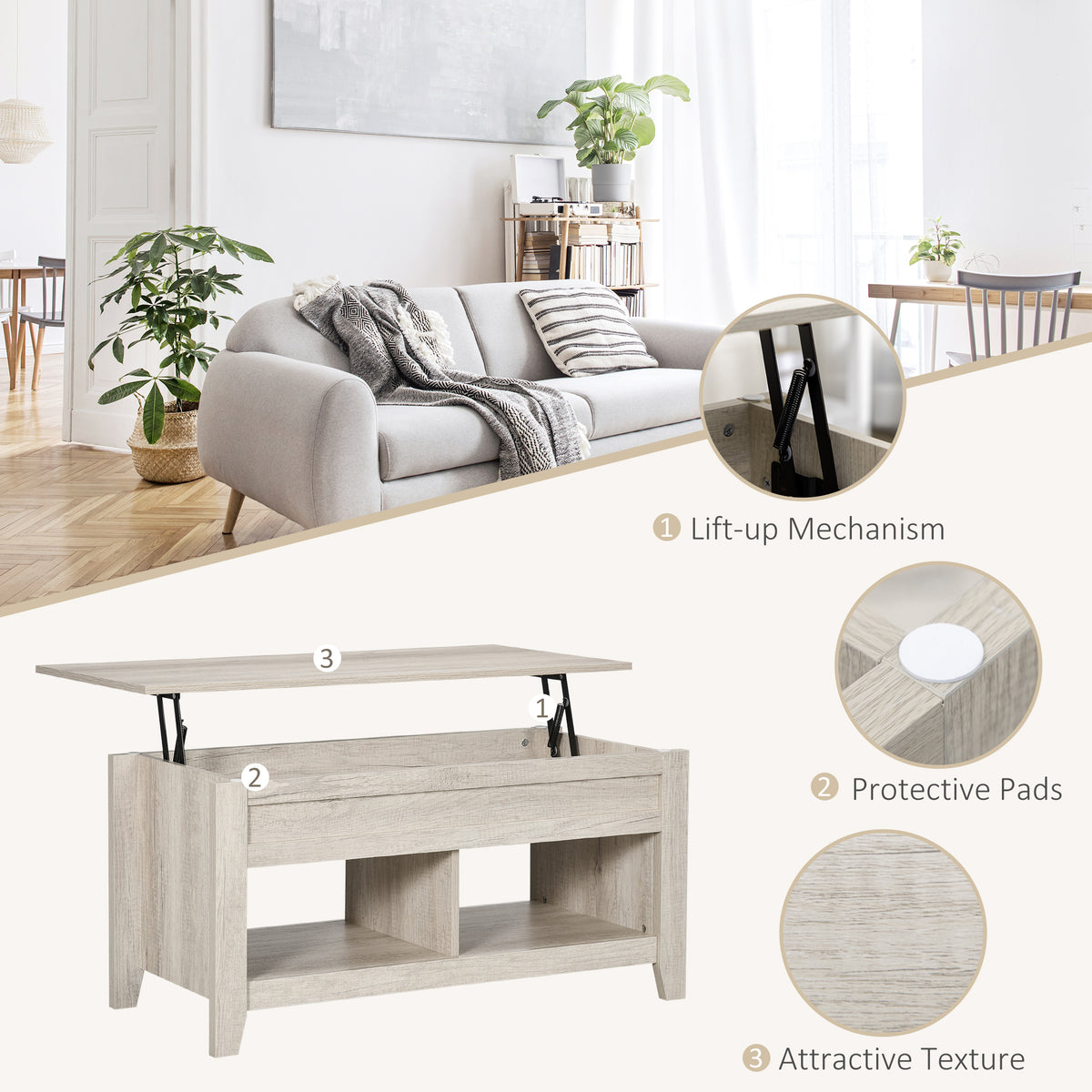HOMCOM Lift Top Coffee Table w/ Hidden Storage Compartment Open Shelves Lift Tabletop Pop Up Centre Table for Living Room Oak Effect