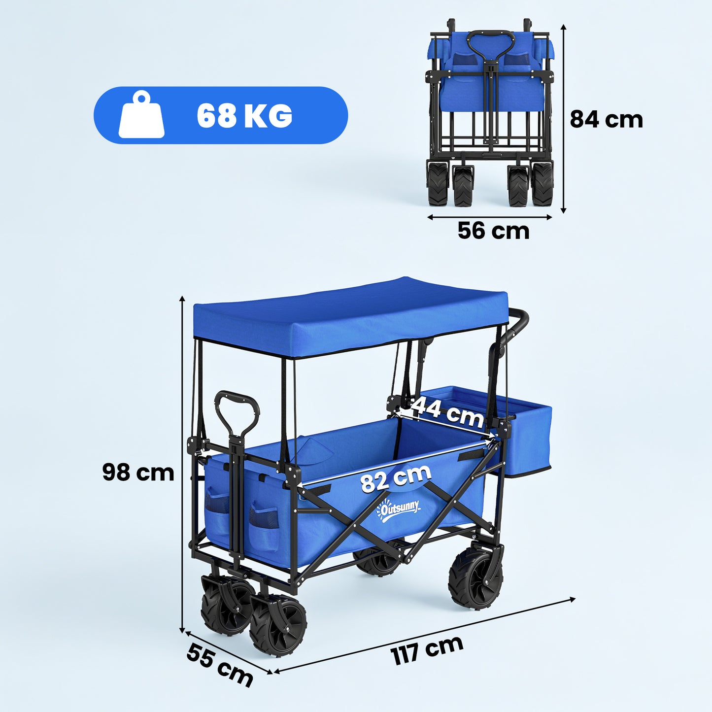 Outsunny 180L Festival Trolley on Wheels, Push & Pull Beach Cart with Removable Canopy, Wide All-Terrain Wheels, Folding Camping Trolley Cart, Adjustable Handle for Garden Fishing Shopping, Blue