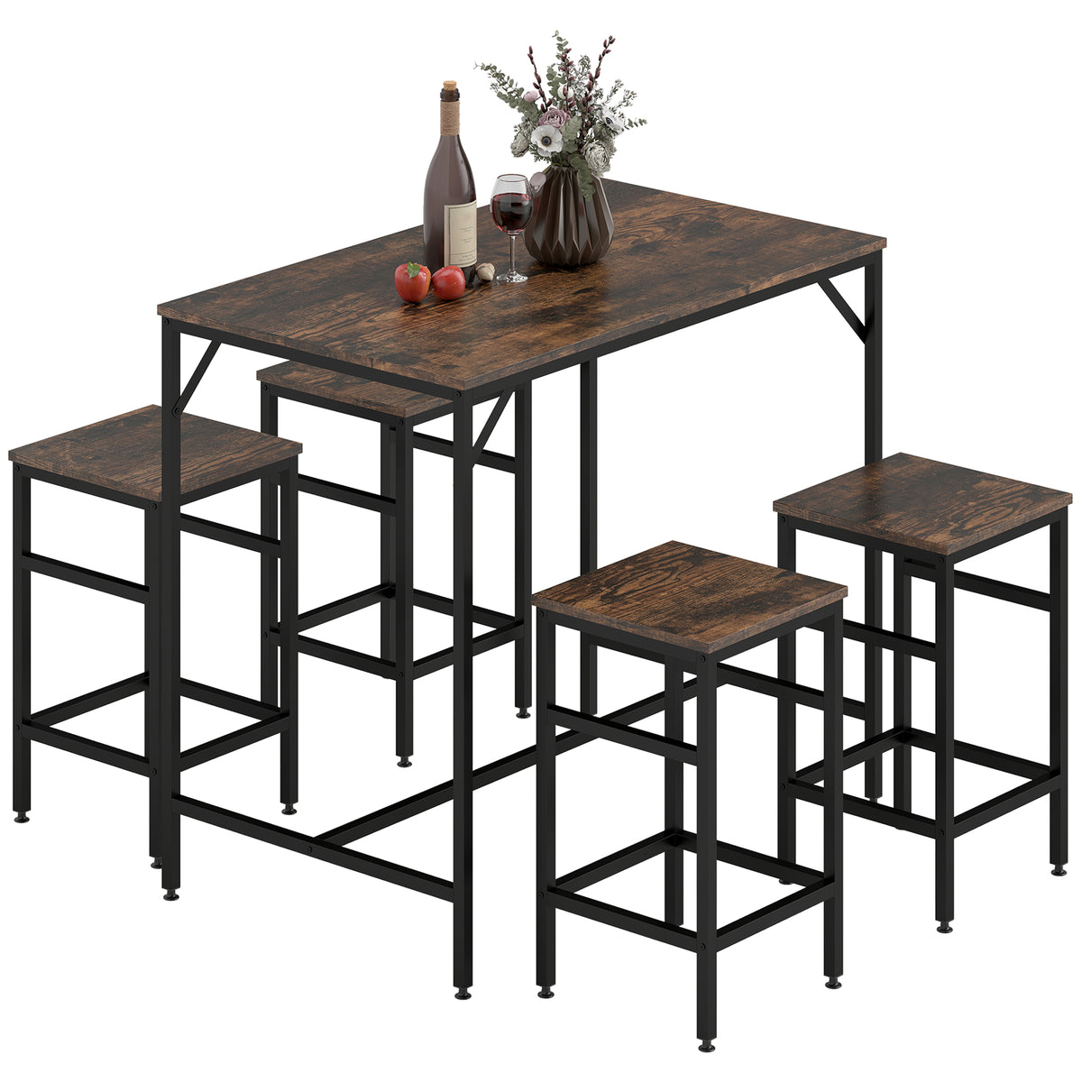 HOMCOM five-piece bar set with rustic brown table and four stools on black metal frames