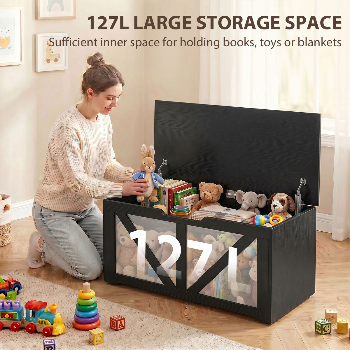 HOMCOM 127L Home Storage Box, with Safety Hinges - Black Wood-Effect