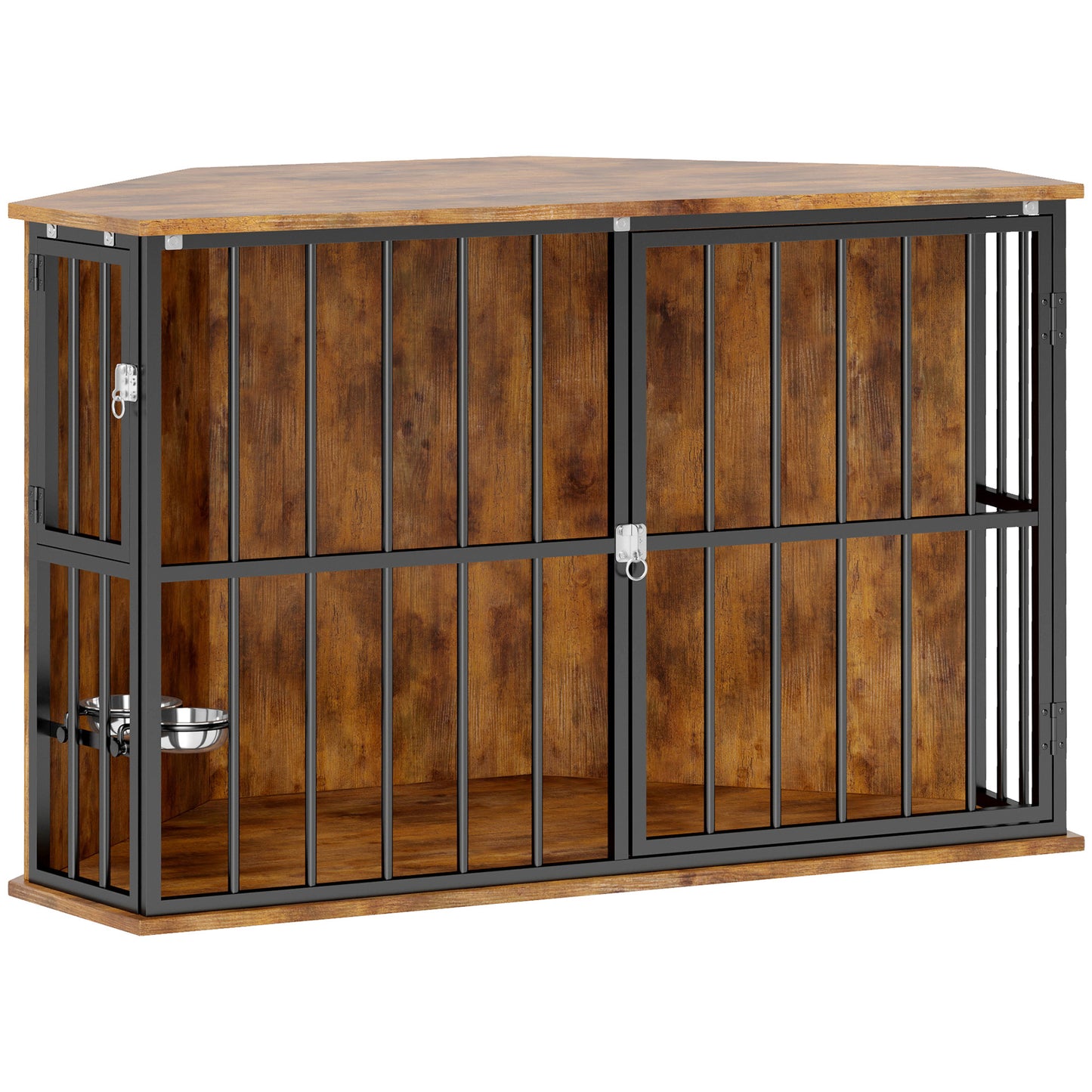 Photo of PawHut Corner Dog Crate Furniture with Two Bowls, Lockable Doors, for Small, Medium Dogs, Rustic Brown in Brown colour on a white background