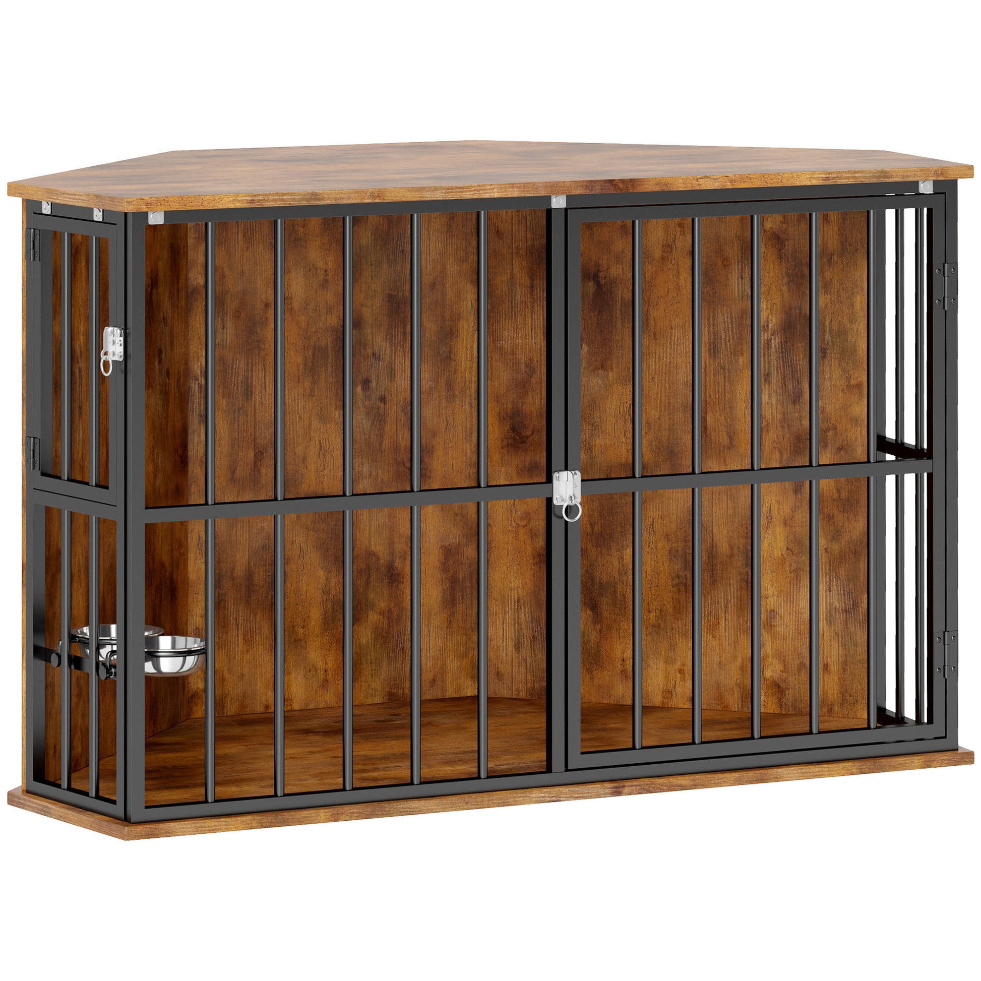 Photo of PawHut Corner Dog Crate Furniture with Two Bowls, Lockable Doors, for Small, Medium Dogs, Rustic Brown in Brown colour on a white background