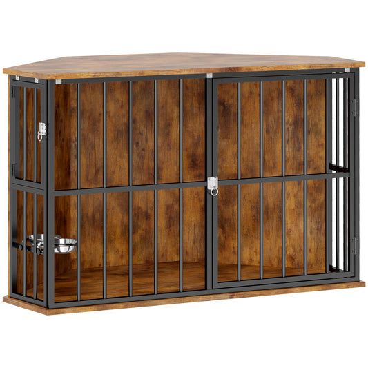 Photo of PawHut Corner Dog Crate Furniture with Two Bowls, Lockable Doors, for Small, Medium Dogs, Rustic Brown in Brown colour on a white background