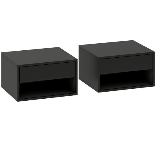 Photo of HOMCOM Floating Bedside Tables Set of 2, Wall Mounted Nightstand, Black in Black colour on a white background