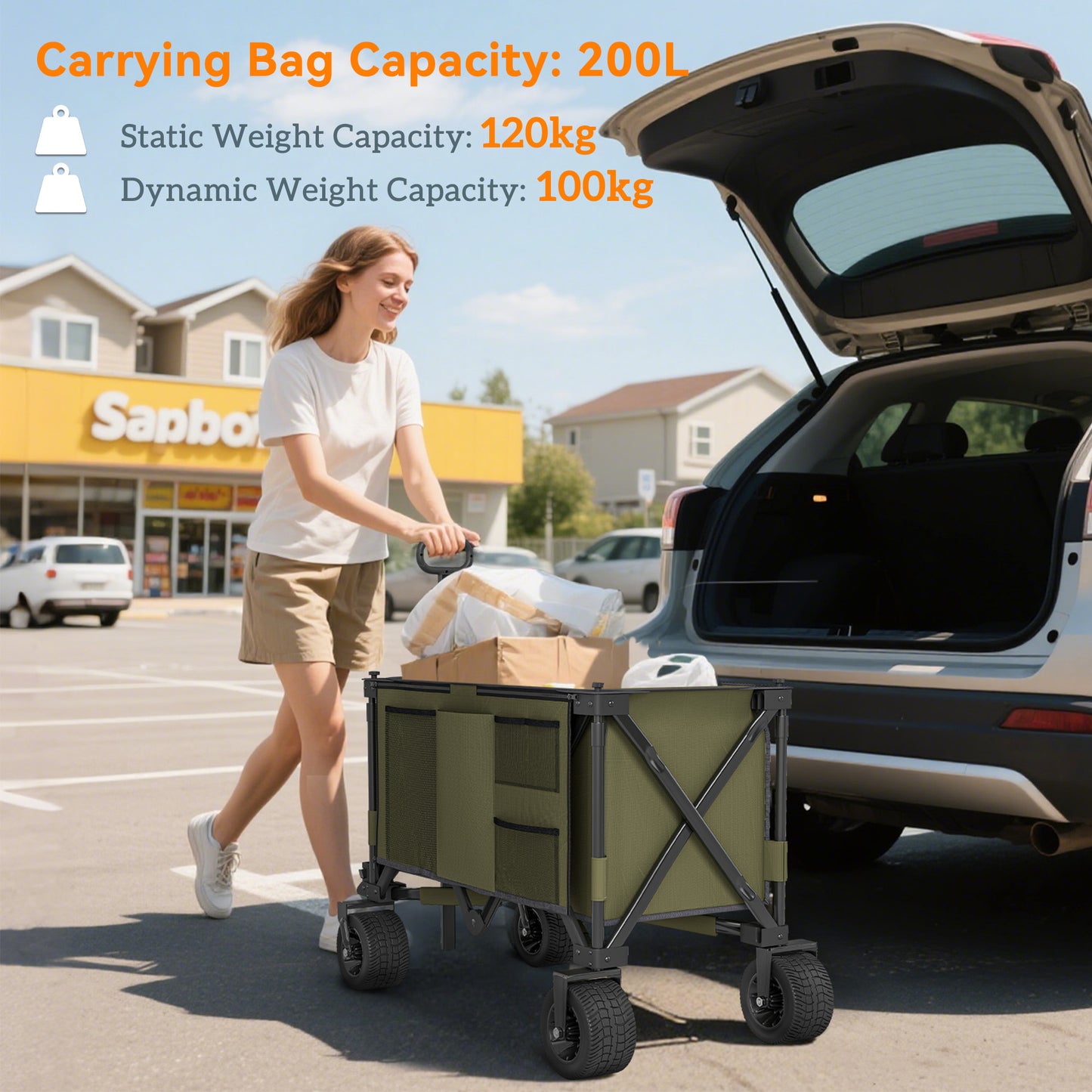 Outsunny 300L Festival Trolley on Wheels, Folding Camping Trolley Cart, Heavy Duty Collapsible Wagon Cart with Wide Wheels, Side Pockets for Outdoor Garden Picnic Beach Shopping Fishing, Green