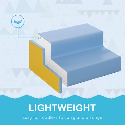 Blue toddler play step with yellow side panels and a visible lightweight foam interior