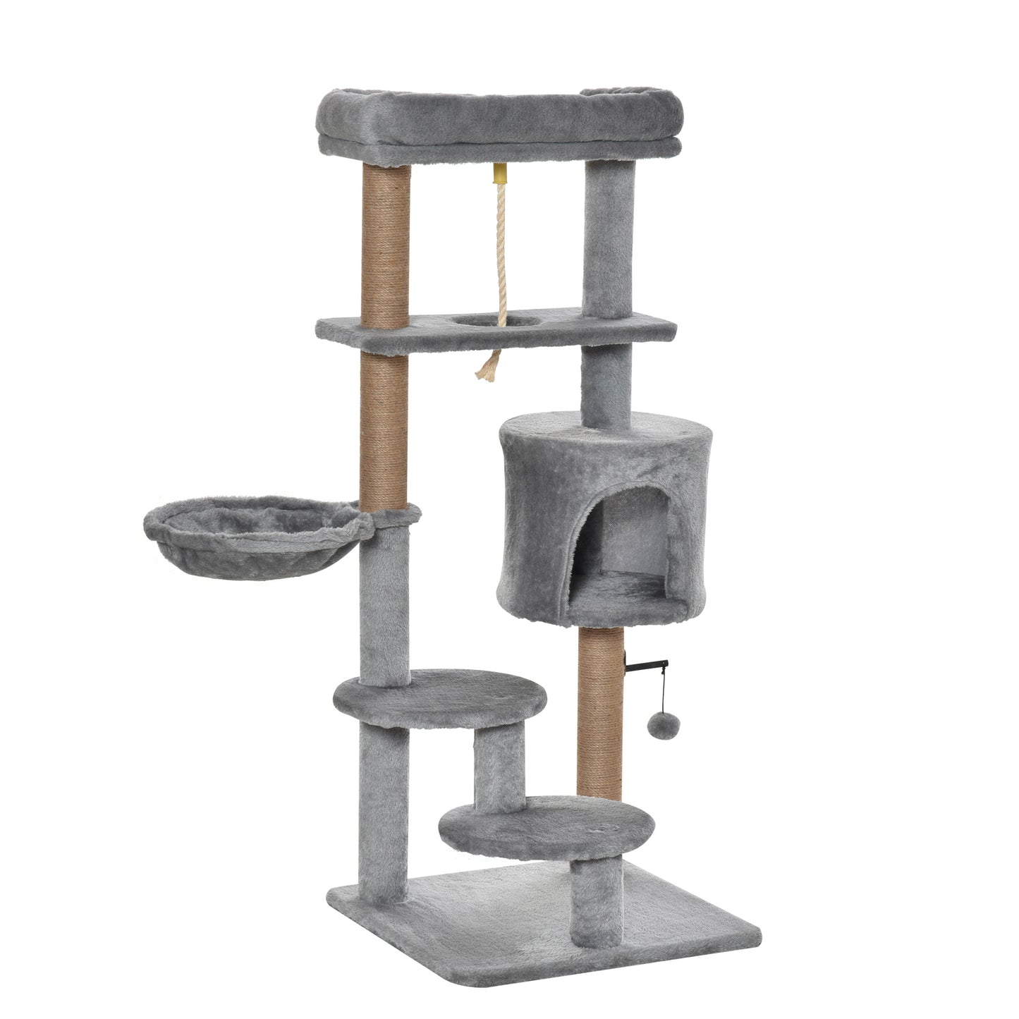 Photo of PawHut Cat Tree Tower for Indoor Cats 120cm Climbing Kitten Activity Center with Jute Scratching Post Perch Hanging Ball Hammock Teasing Rope Condo Toy Light Grey in Grey colour on a white background