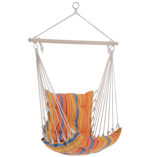 Photo of Outsunny Outdoor Hanging Rope Chair with Soft Padded Seat & Backrest, Garden Hammock Chair with Wooden Support Bar Cotton Cloth, Portable Garden Chair for Patio & Tree, Orange in Orange colour on a white background
