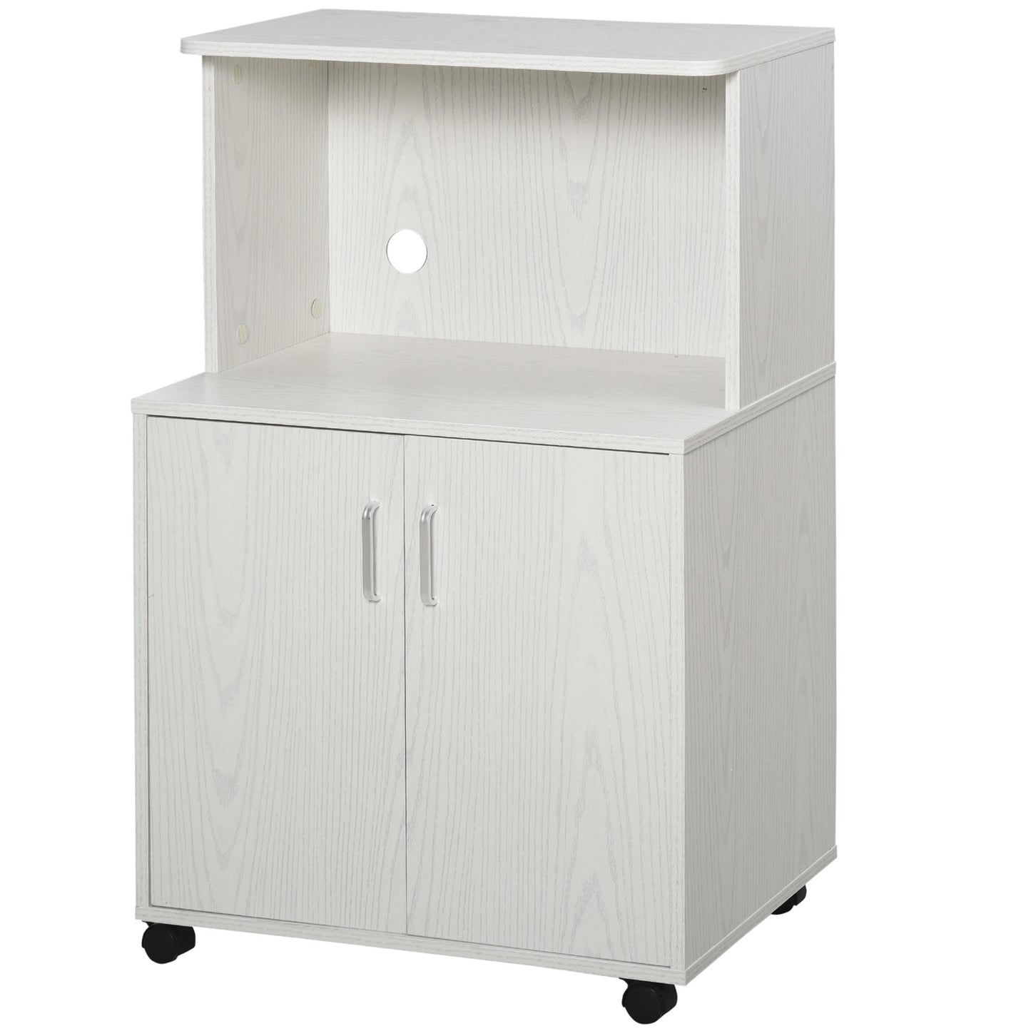 Photo of HOMCOM Kitchen Storage Unit, Modern Microwave Stand Trolley Cart, Sideboard with Cabinet,  Locking Wheels, Shelf for Living Room, Dining Room, White in White colour on a white background