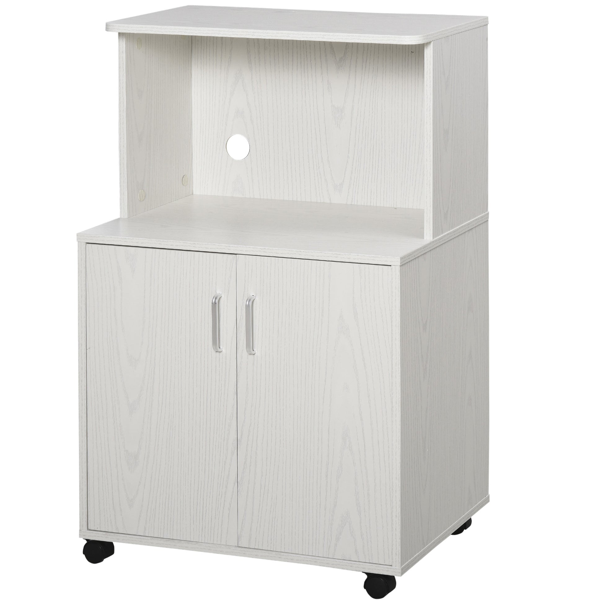 Photo of HOMCOM Kitchen Storage Unit, Modern Microwave Stand Trolley Cart, Sideboard with Cabinet,  Locking Wheels, Shelf for Living Room, Dining Room, White in White colour on a white background