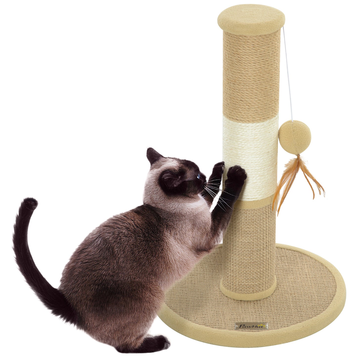 Photo of PawHut Cat Scratching Post for Indoor Cats, 47cm Tall Cat Scratcher with Jute Sisal Rope, Hanging Toy Ball, Feather, Brown in Brown colour on a white background