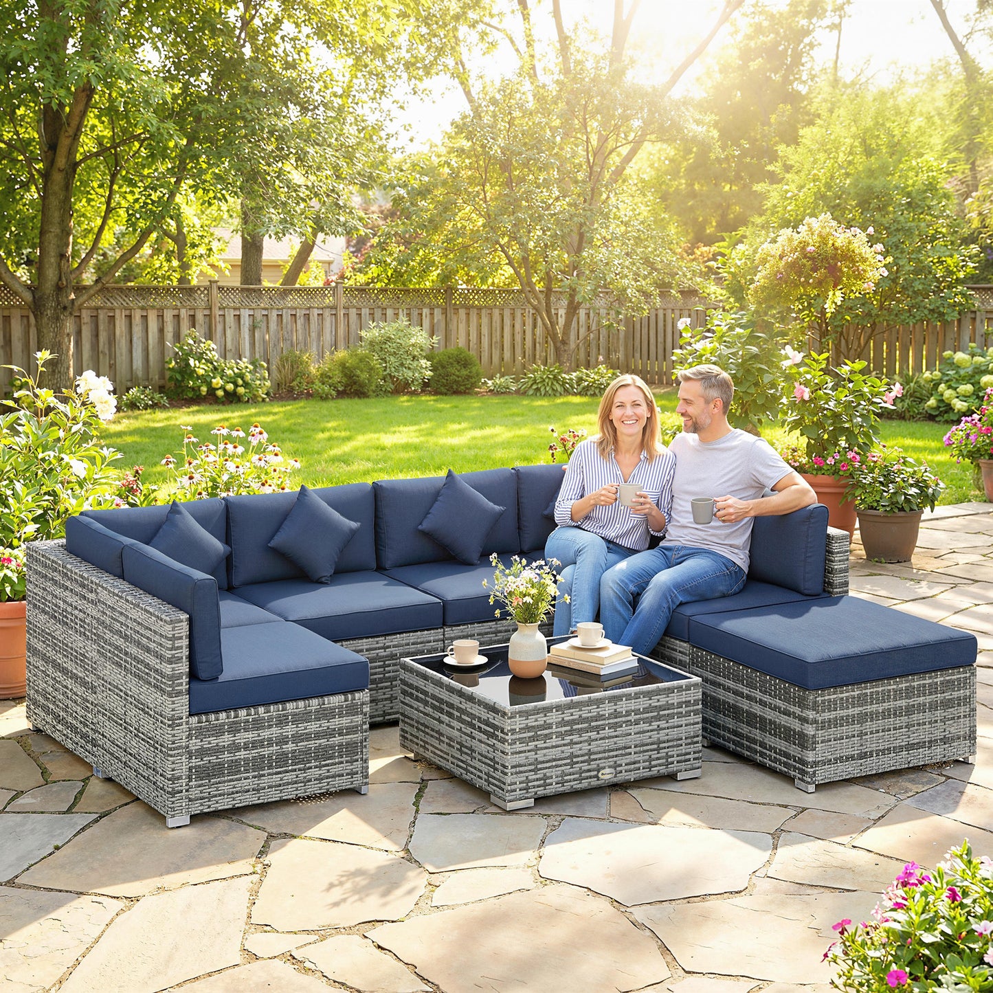 Outsunny 8 Pieces PE Rattan Corner Sofa Set, Outdoor Garden Furniture Set, Patio Wicker Sofa Seater with Cushion, Dark Blue
