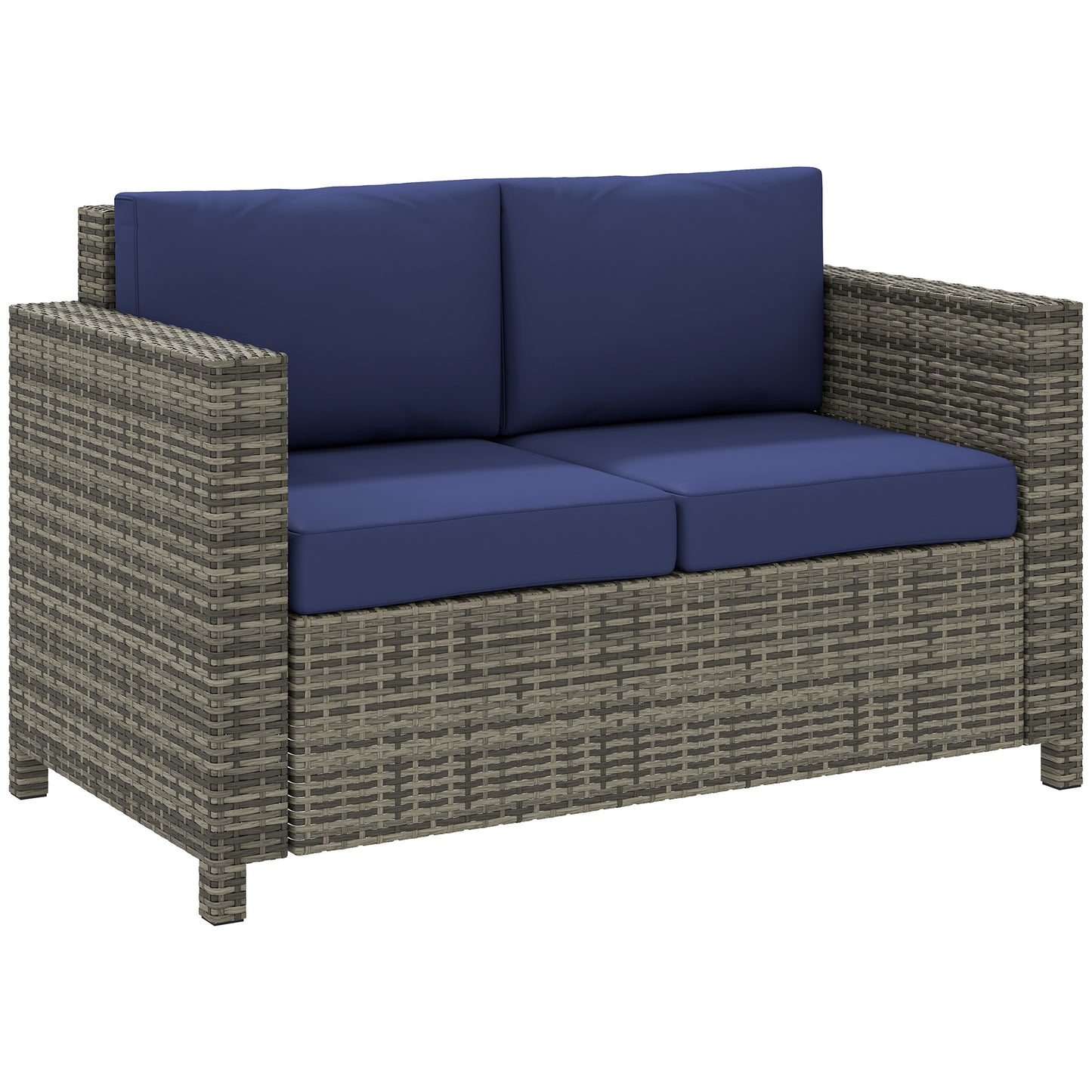 Photo of Outsunny Rattan Sofa, 2 Seater Garden Furniture with Soft Padded Cushion and Armrests, Wicker Garden Loveseat for Patio, Navy Blue in Blue colour on a white background
