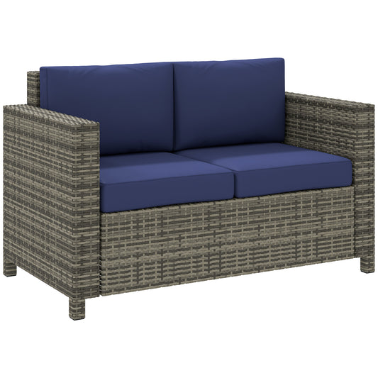 Photo of Outsunny Rattan Sofa, 2 Seater Garden Furniture with Soft Padded Cushion and Armrests, Wicker Garden Loveseat for Patio, Navy Blue in Blue colour on a white background