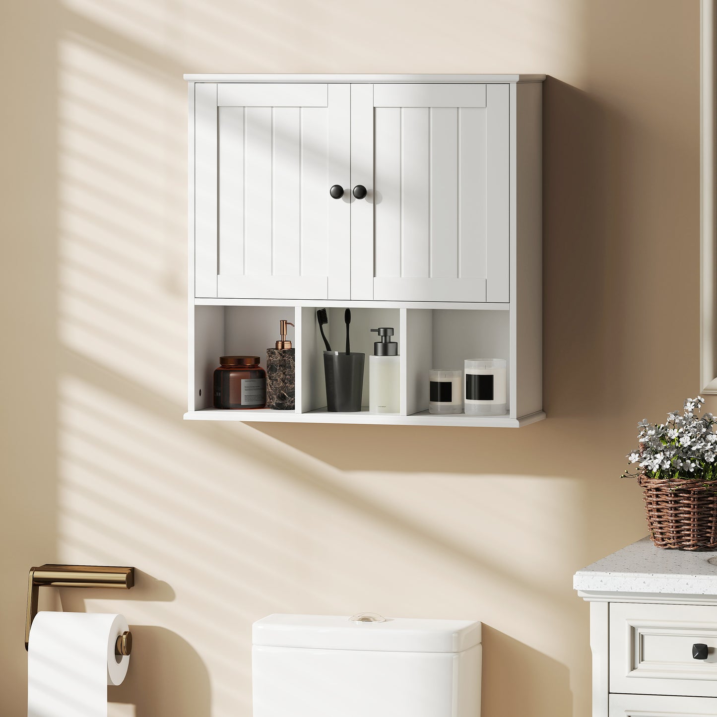 HOMCOM Farmhouse Bathroom Wall Cabinet, Wall Mounted Medicine Cabinet with Adjustable Shelf, Open Compartments, White