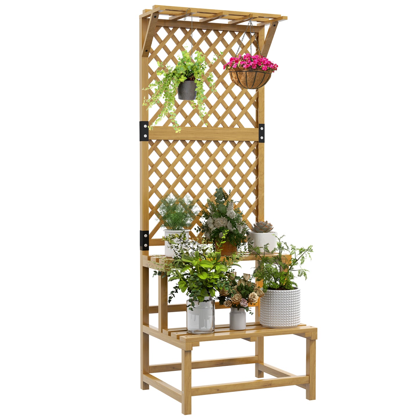 Photo of Outsunny Wooden Plant Stand, with Trellis - Natural Finish in Finish colour on a white background