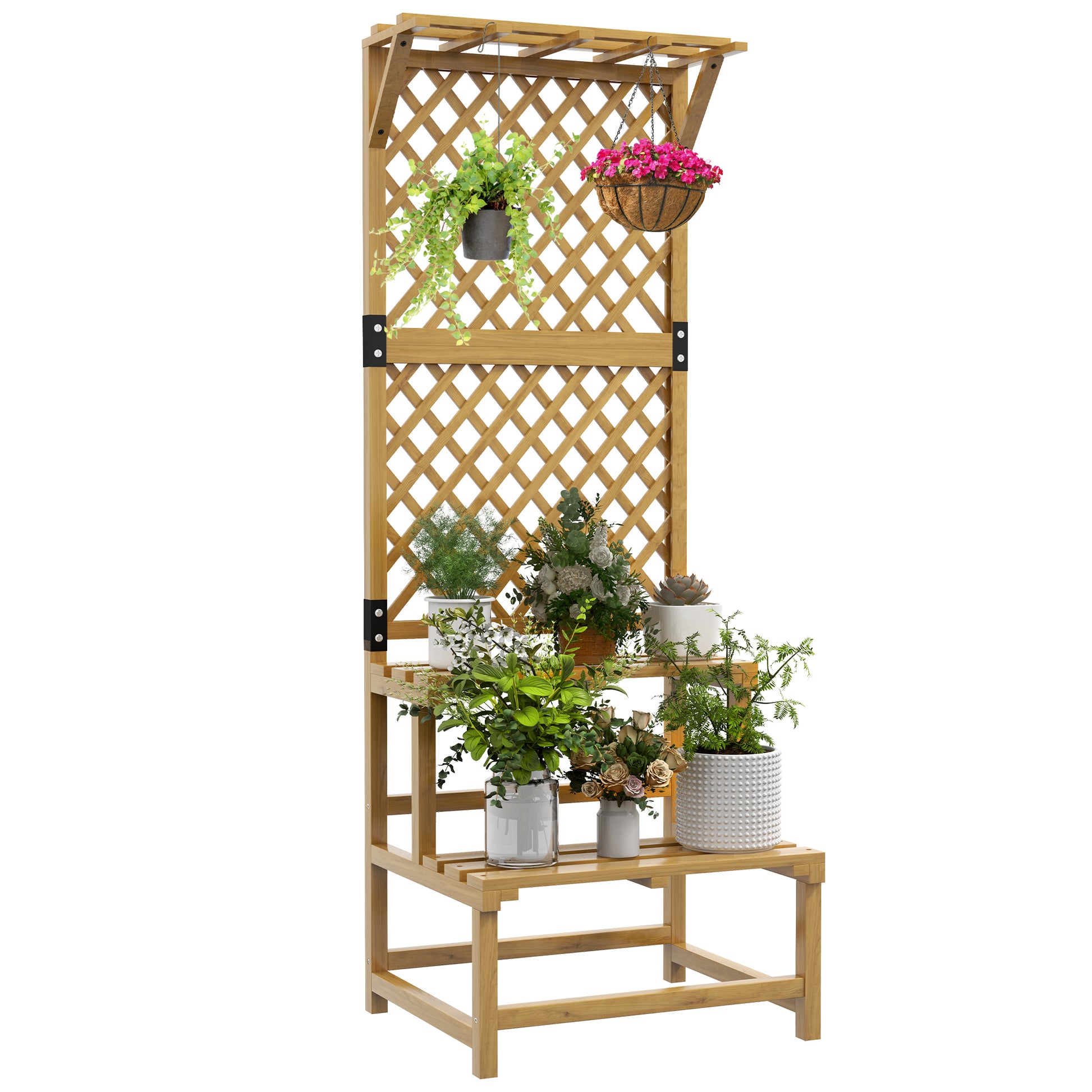 Photo of Outsunny Wooden Plant Stand, with Trellis - Natural Finish in Finish colour on a white background