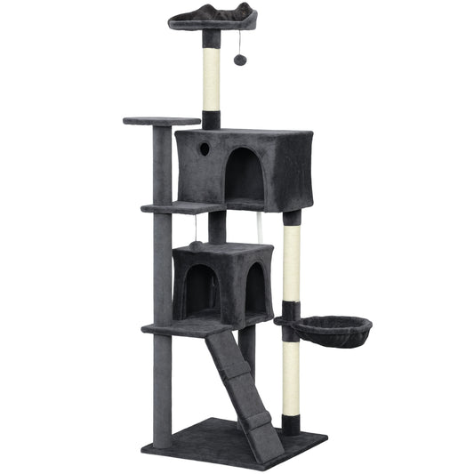 Photo of PawHut 180cm Large Cat Tree Tower with Sisal Scratching Posts, Condos, Plush Perches, Hammock, Ladder, Dark Grey in Grey colour on a white background