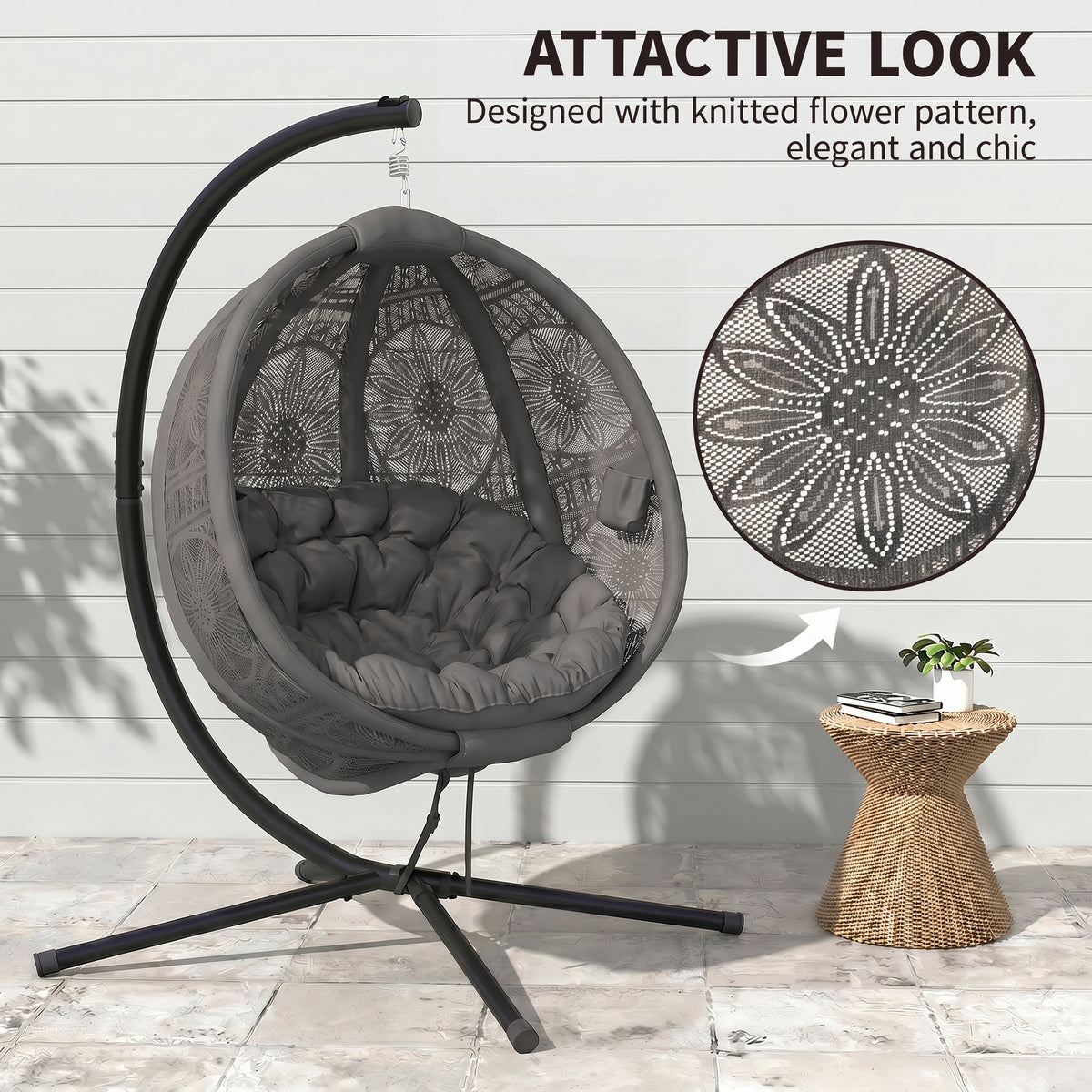 Outsunny egg chair with knitted flower-pattern basket and cushioned seat