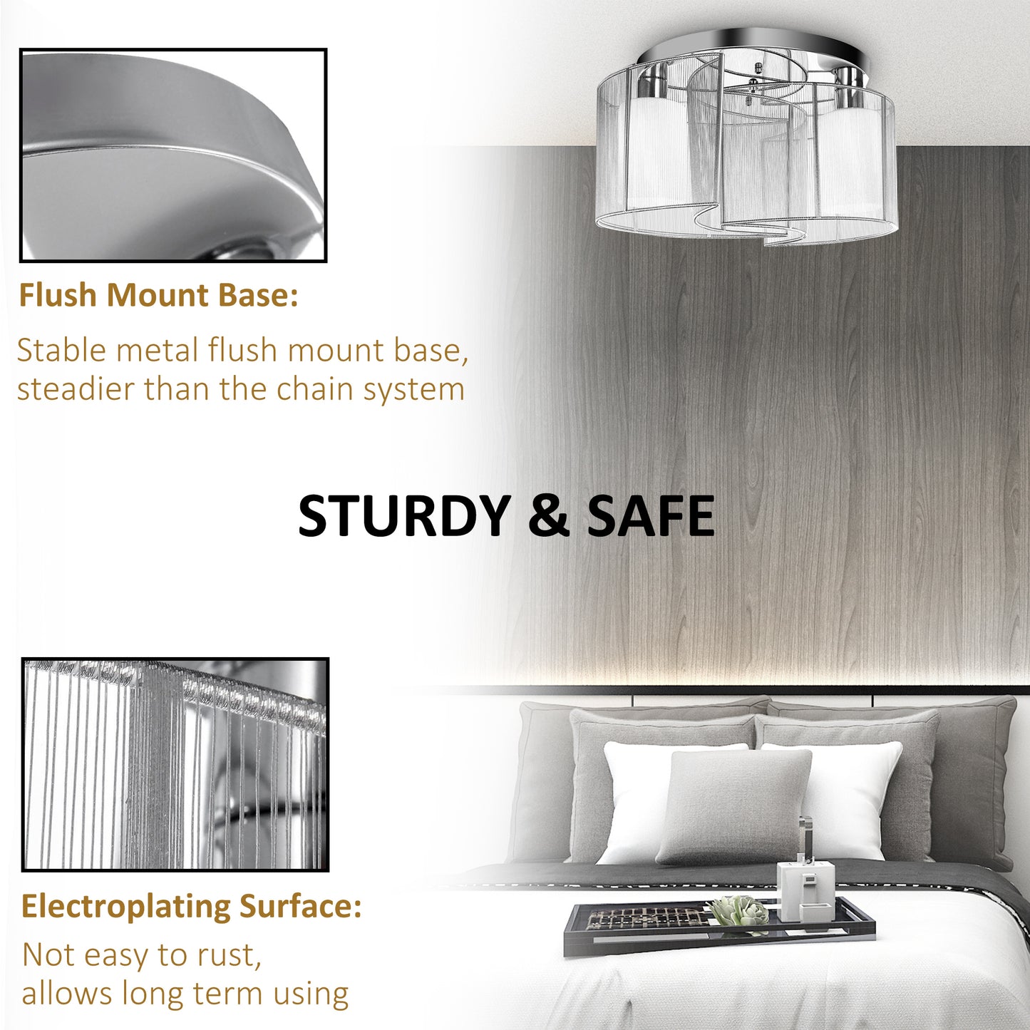 HOMCOM Modern Chandelier, Semi-Flush Mount Ceiling Light with Glass Lampshade, 2 x E27 Bulb Base for Hallway, Dining Room, Living Room, White and Silver