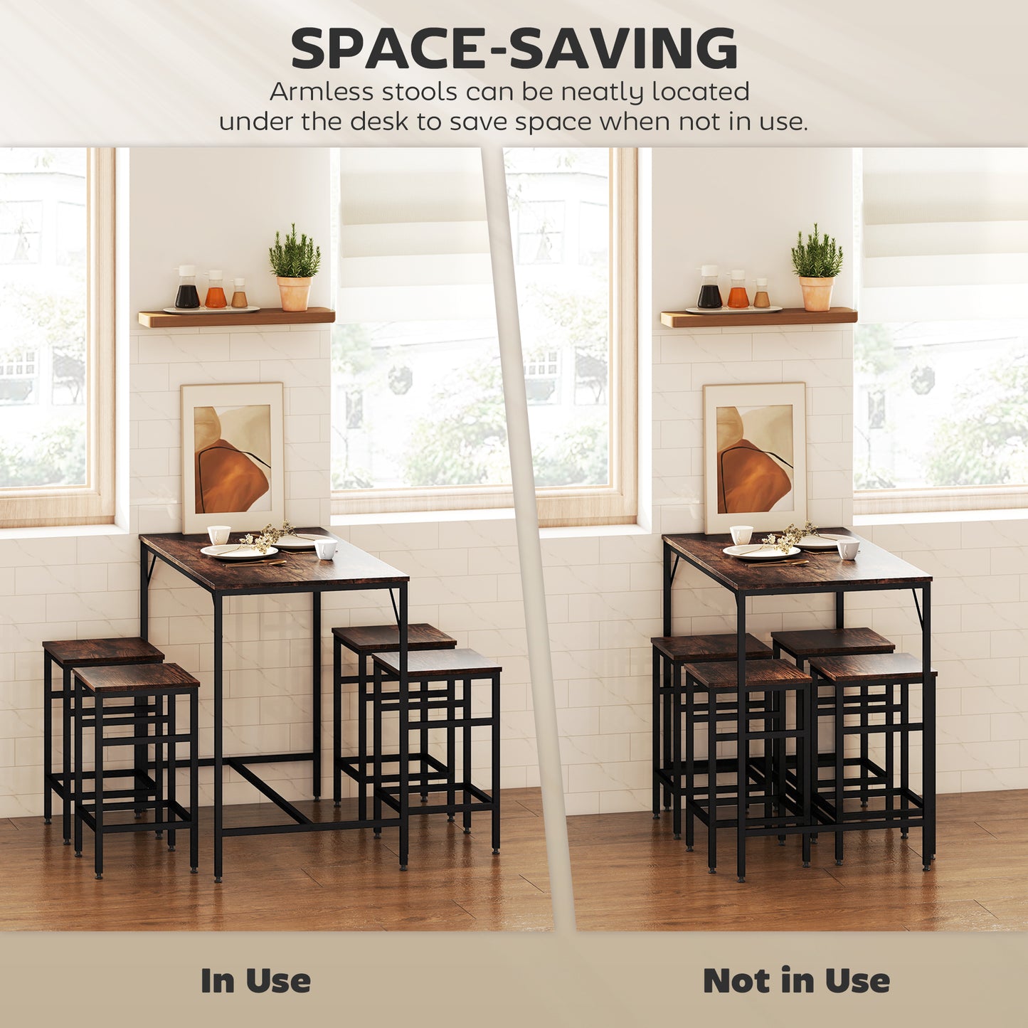 HOMCOM 5-Piece Breakfast Bar Table and Stools Set, Kitchen Bar Table Set with High Table and 4 Stools, Space Saving Compact Dining Furniture for Small Spaces, Rustic Brown