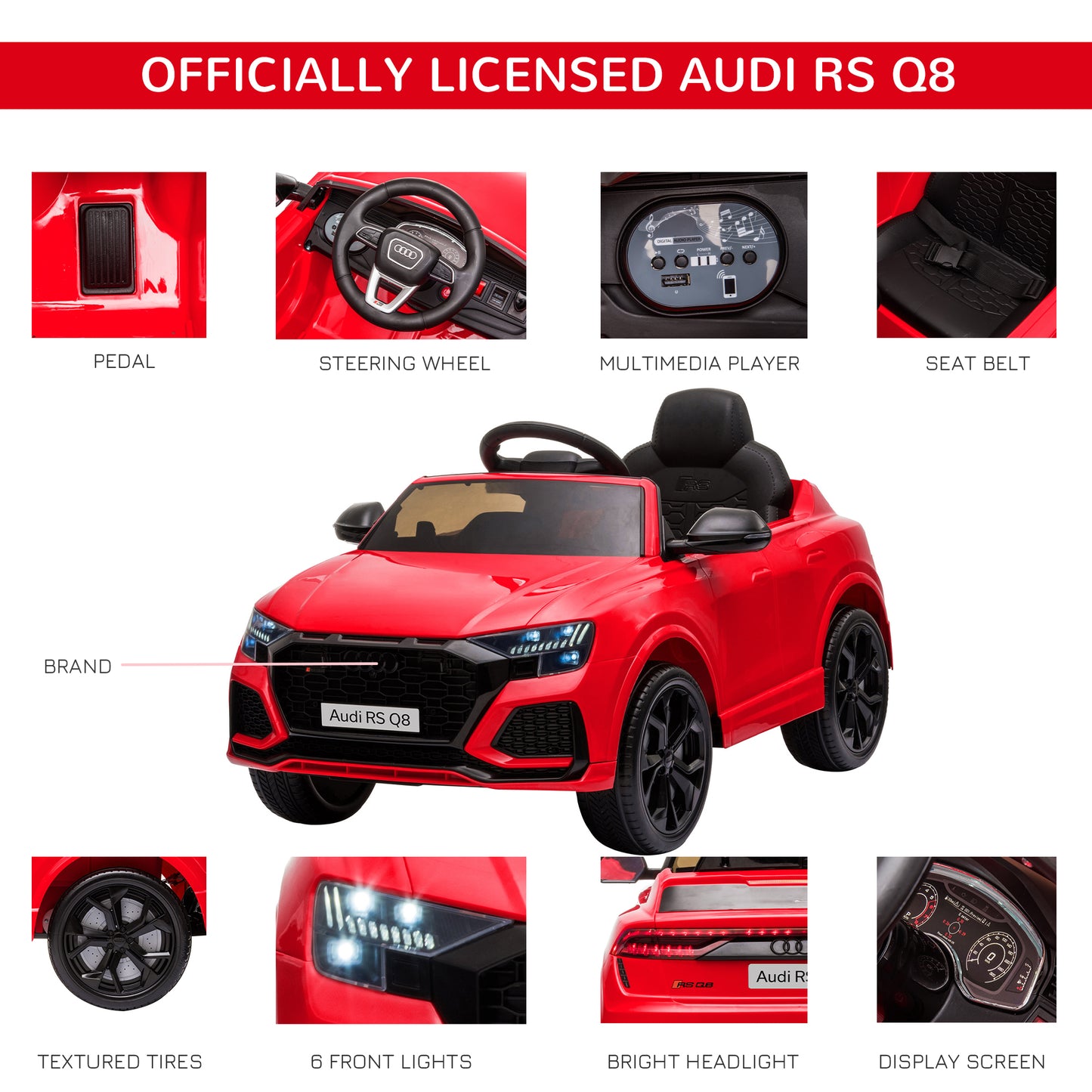 HOMCOM Audi RS Q8 Licensed Electric Car for Kids, 6V Kids' Electric Ride on with Remote Control, 7Ah Big Battery, Lights Bluetooth, Music USB, for 3-5 Years Old, Red
