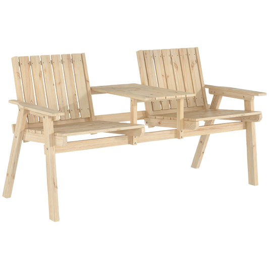 Photo of Outsunny 2-Seater Garden Loveseat with Table and Parasol Hole for Porch, Patio, Natural Wood Finish in Finish colour on a white background