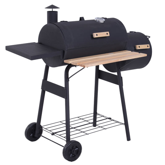 Photo of Outsunny Portable Charcoal BBQ Grill, Cold-rolled Steel, Solid Wood, 104H x 124L x53W cm-Black in cm-Black colour on a white background