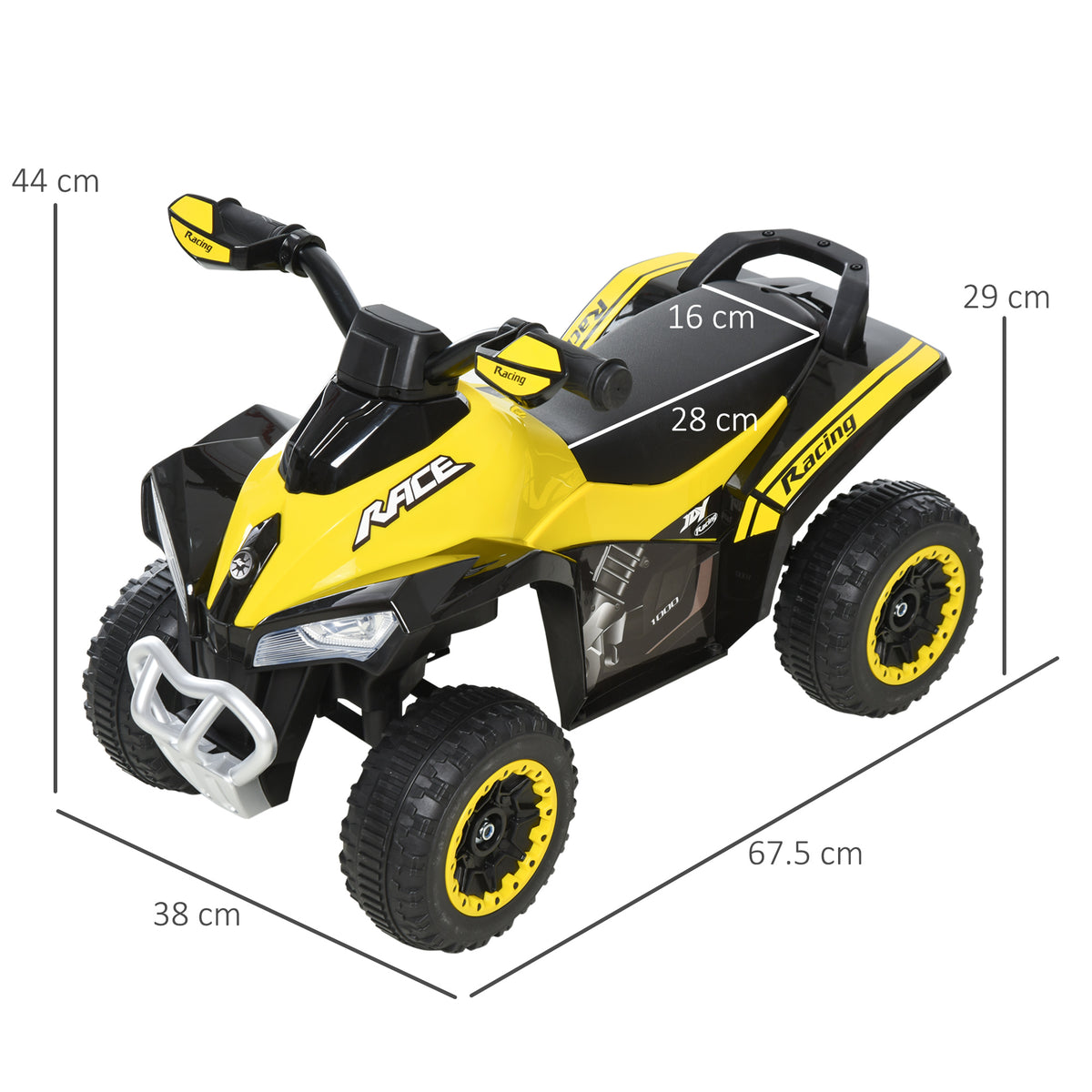 HOMCOM yellow ride-on toy car with black seat and four textured wheels, shown with dimensions