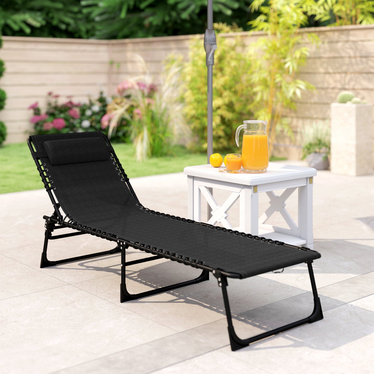 Outsunny Foldable Sun Lounger, Outdoor 4 Level Adjustable Backrest Reclining Chaise Chair, Steel Frame Recliner Chair for Camping, Hiking, Black