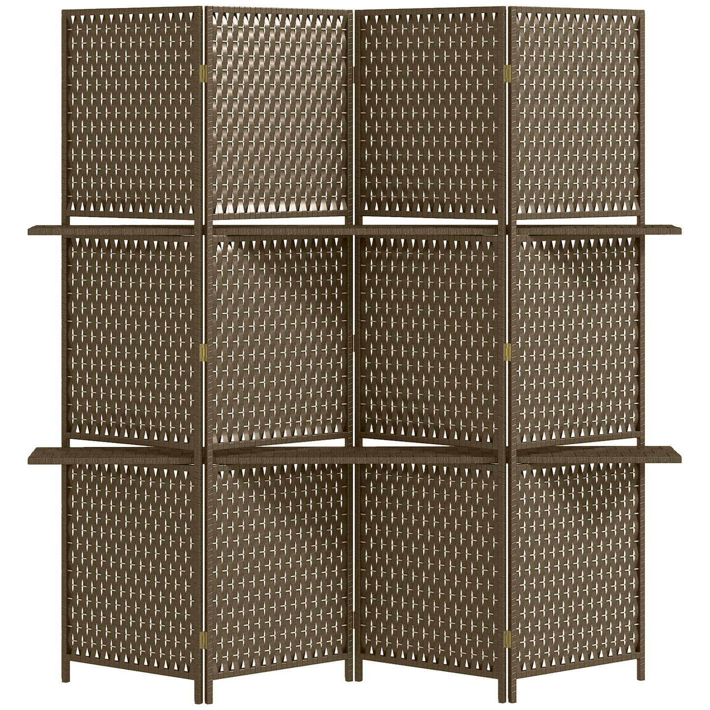 Photo of HOMCOM 4-Panel Room Dividers with Shelves, Wave Fibre Freestanding Folding Privacy Screen Panels, Partition Wall Divider for Indoor Bedroom Office, 180 cm, Brown in Brown colour on a white background