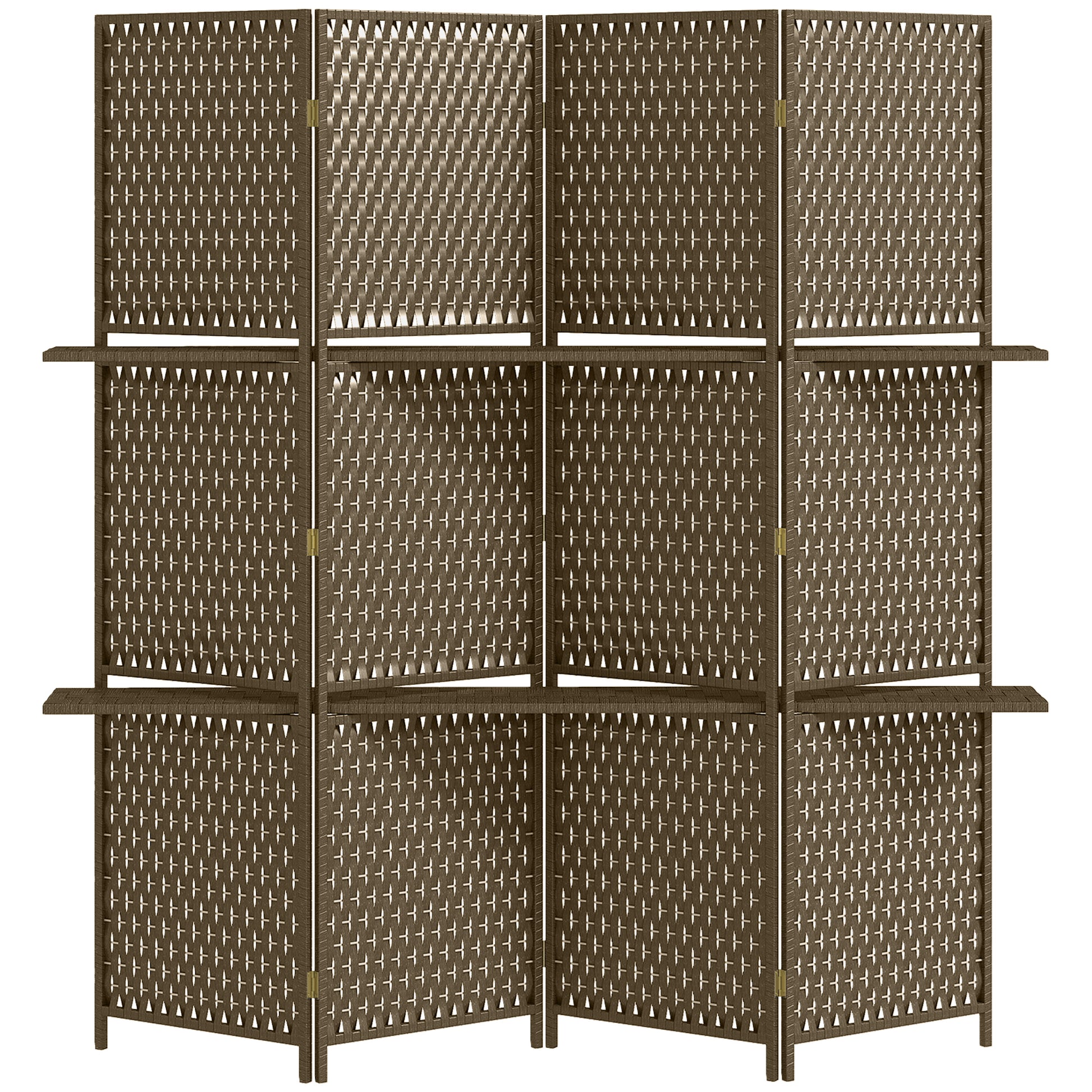 Photo of HOMCOM 4-Panel Room Dividers with Shelves, Wave Fibre Freestanding Folding Privacy Screen Panels, Partition Wall Divider for Indoor Bedroom Office, 180 cm, Brown in Brown colour on a white background