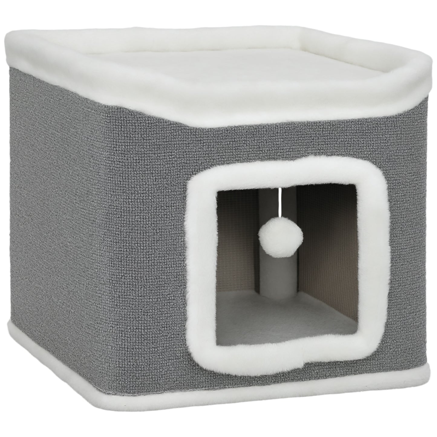Photo of PawHut Cat House for Indoor Kittens, 2-Level Cat Cave Bed with Fluffy Balls, Top Bed, Kitten Barrel for Multi Kitties, Grey in Grey colour on a white background
