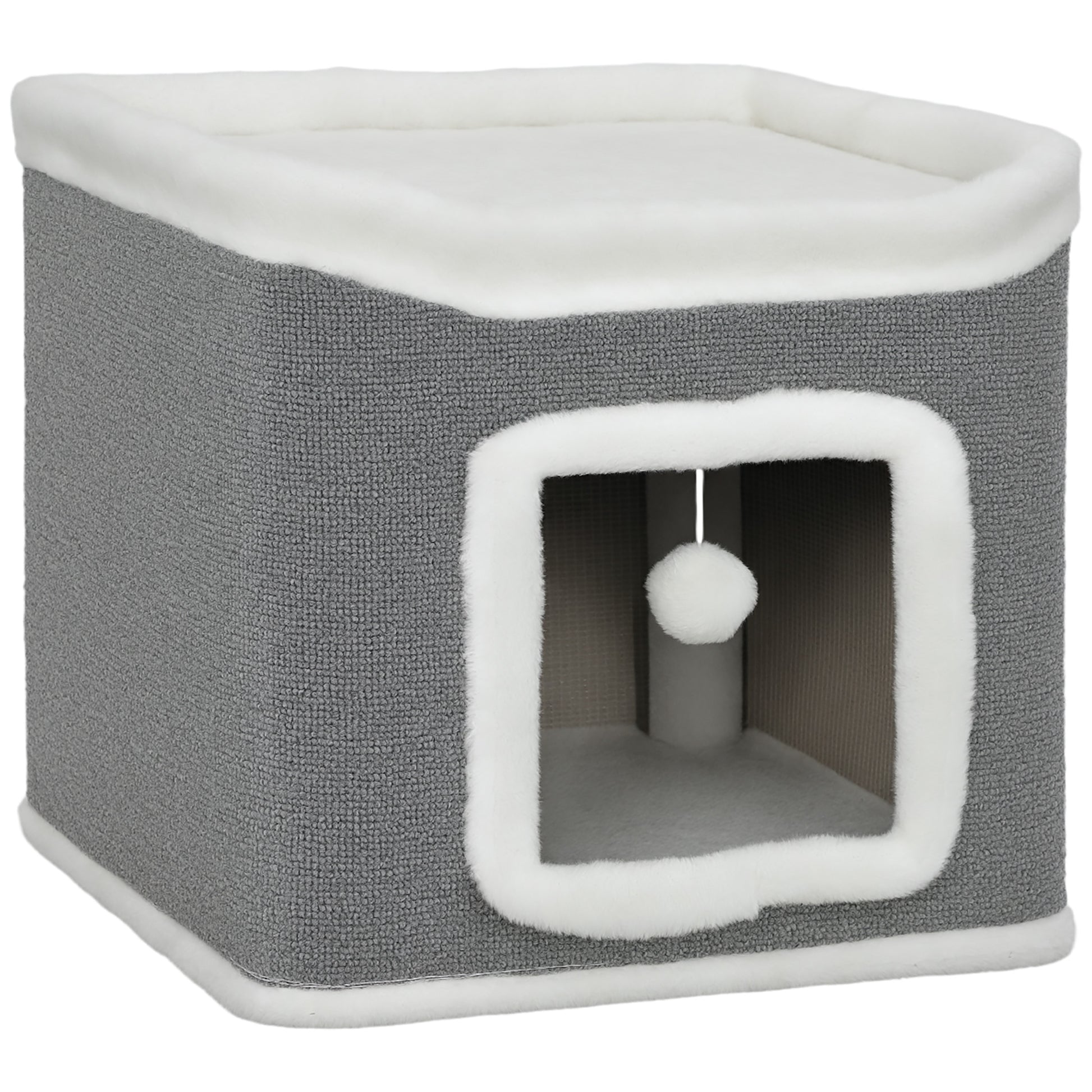 Photo of PawHut Cat House for Indoor Kittens, 2-Level Cat Cave Bed with Fluffy Balls, Top Bed, Kitten Barrel for Multi Kitties, Grey in Grey colour on a white background