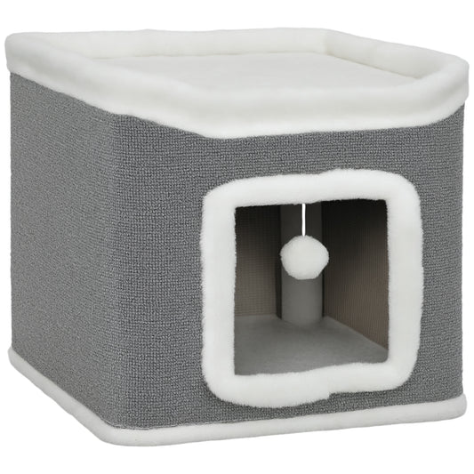 Photo of PawHut Cat House for Indoor Kittens, 2-Level Cat Cave Bed with Fluffy Balls, Top Bed, Kitten Barrel for Multi Kitties, Grey in Grey colour on a white background