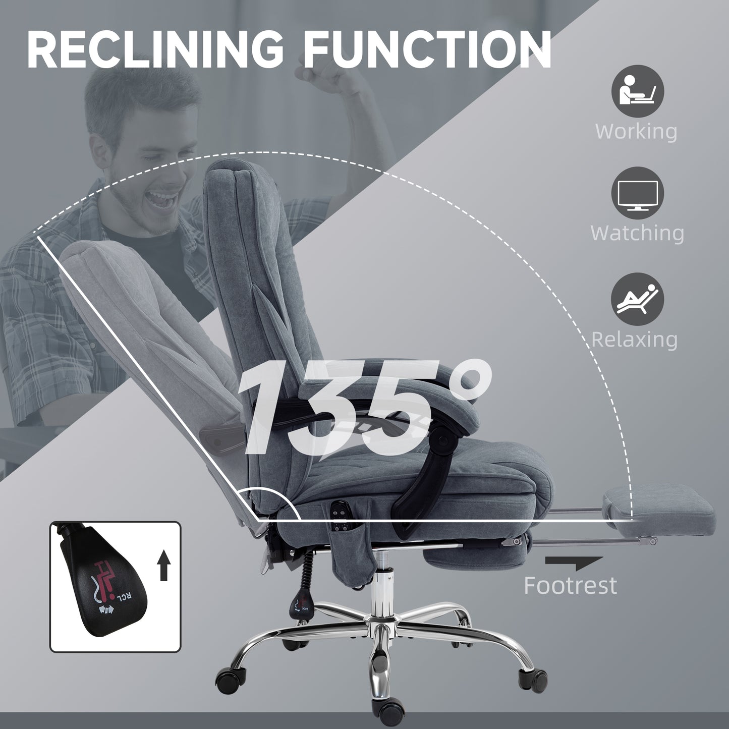 Vinsetto Massage Office Chair, Heated Reclining Computer Chair with Adjustable Height and Footrest, Dark Grey