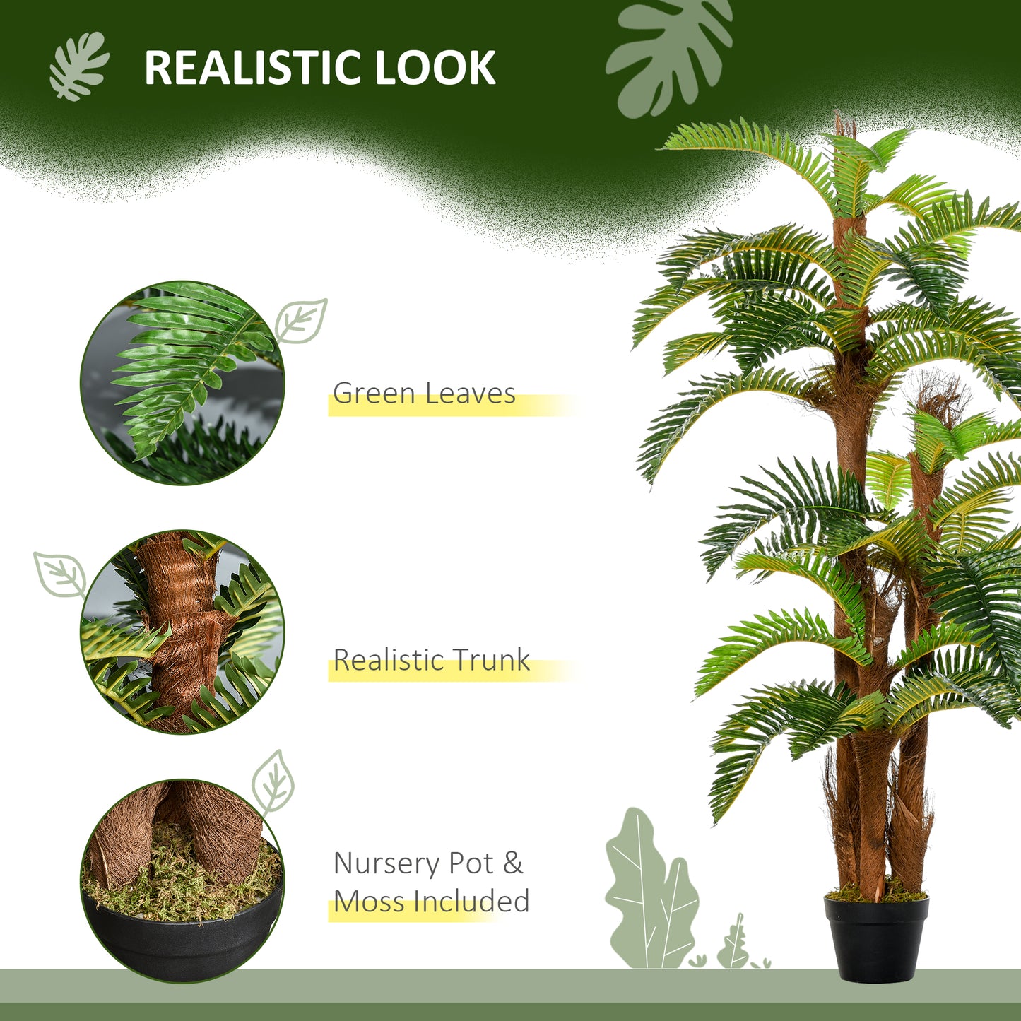 Outsunny Artificial Plant Tropical Fern in Pot, Fake Plants for Home Indoor Decor, 150cm, Green