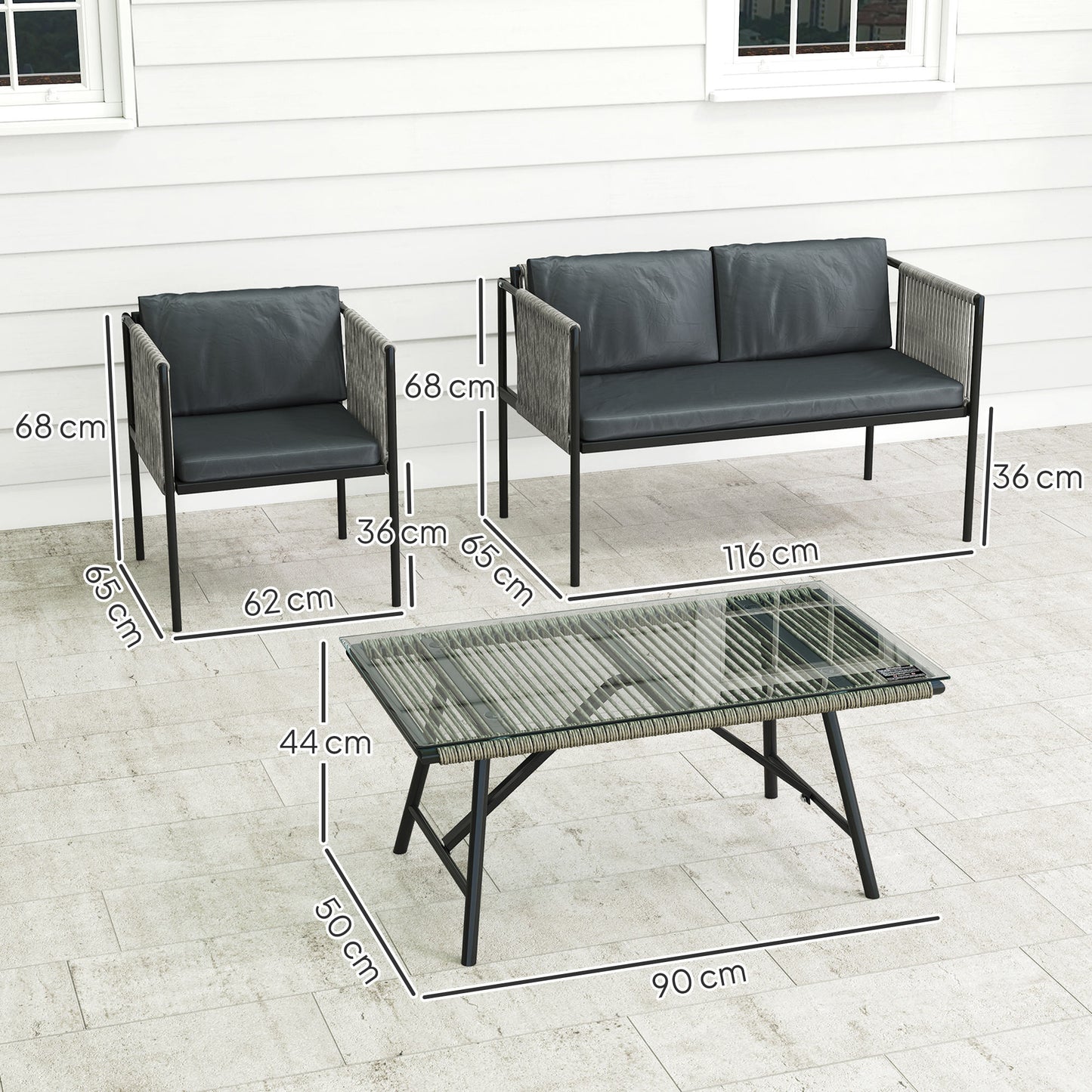 Outsunny Four-Piece Round Rattan Rope Sofa Set - Grey