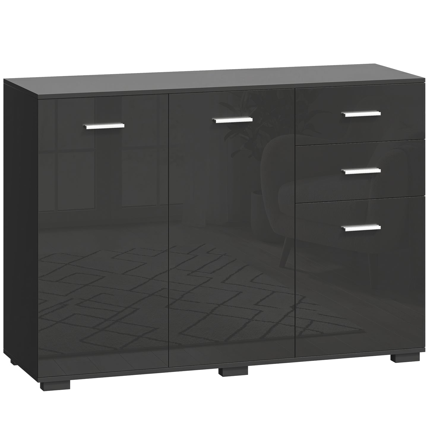 Photo of HOMCOM Sideboard, Modern Storage Cabinet with 2 Drawers, 3 Doors and Adjustable Shelves, High Gloss Black in Black colour on a white background