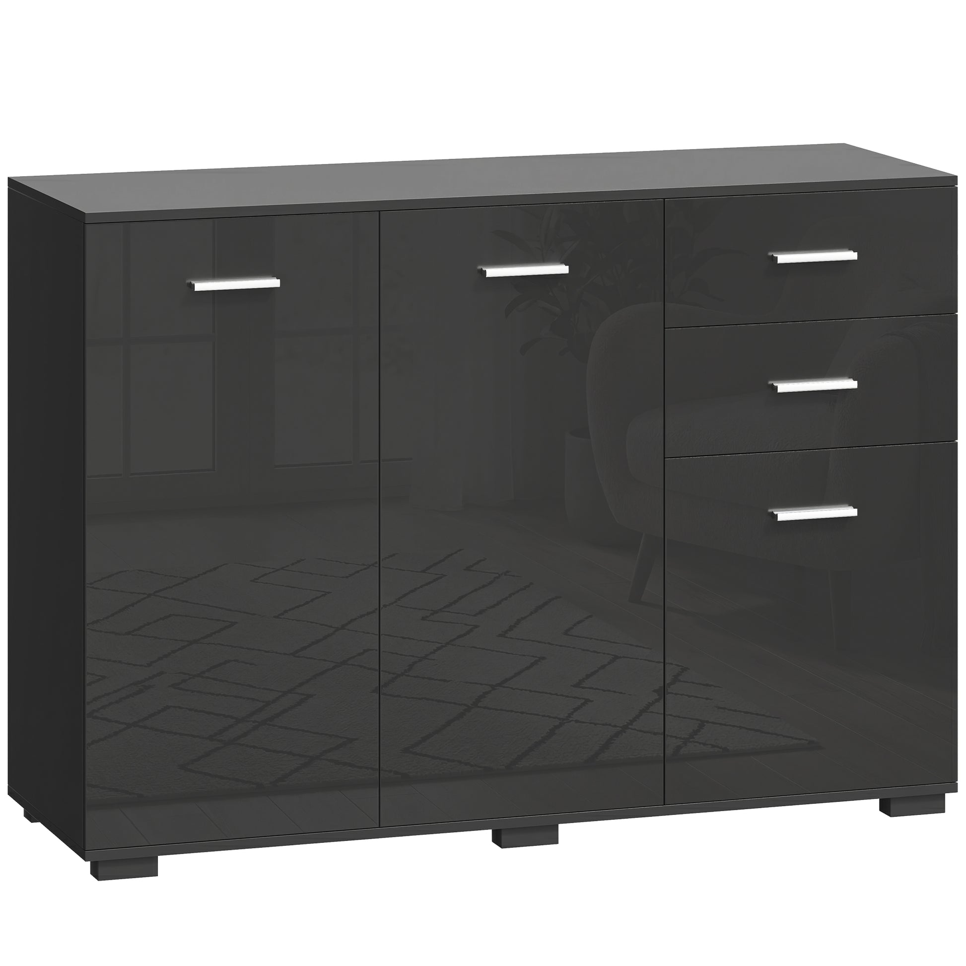 Photo of HOMCOM Sideboard, Modern Storage Cabinet with 2 Drawers, 3 Doors and Adjustable Shelves, High Gloss Black in Black colour on a white background